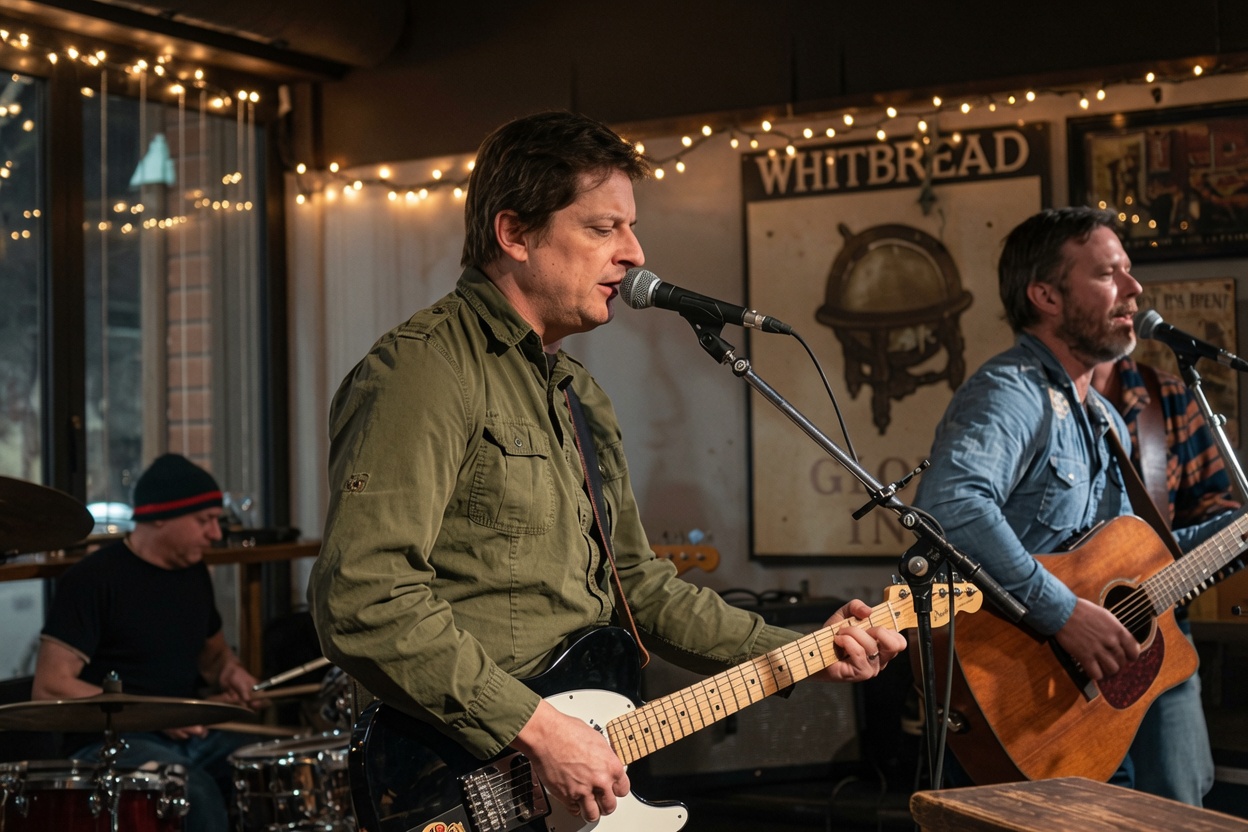 The Threads performing live — guitarist and vocalist in foreground, drummer in back, warm pub lights